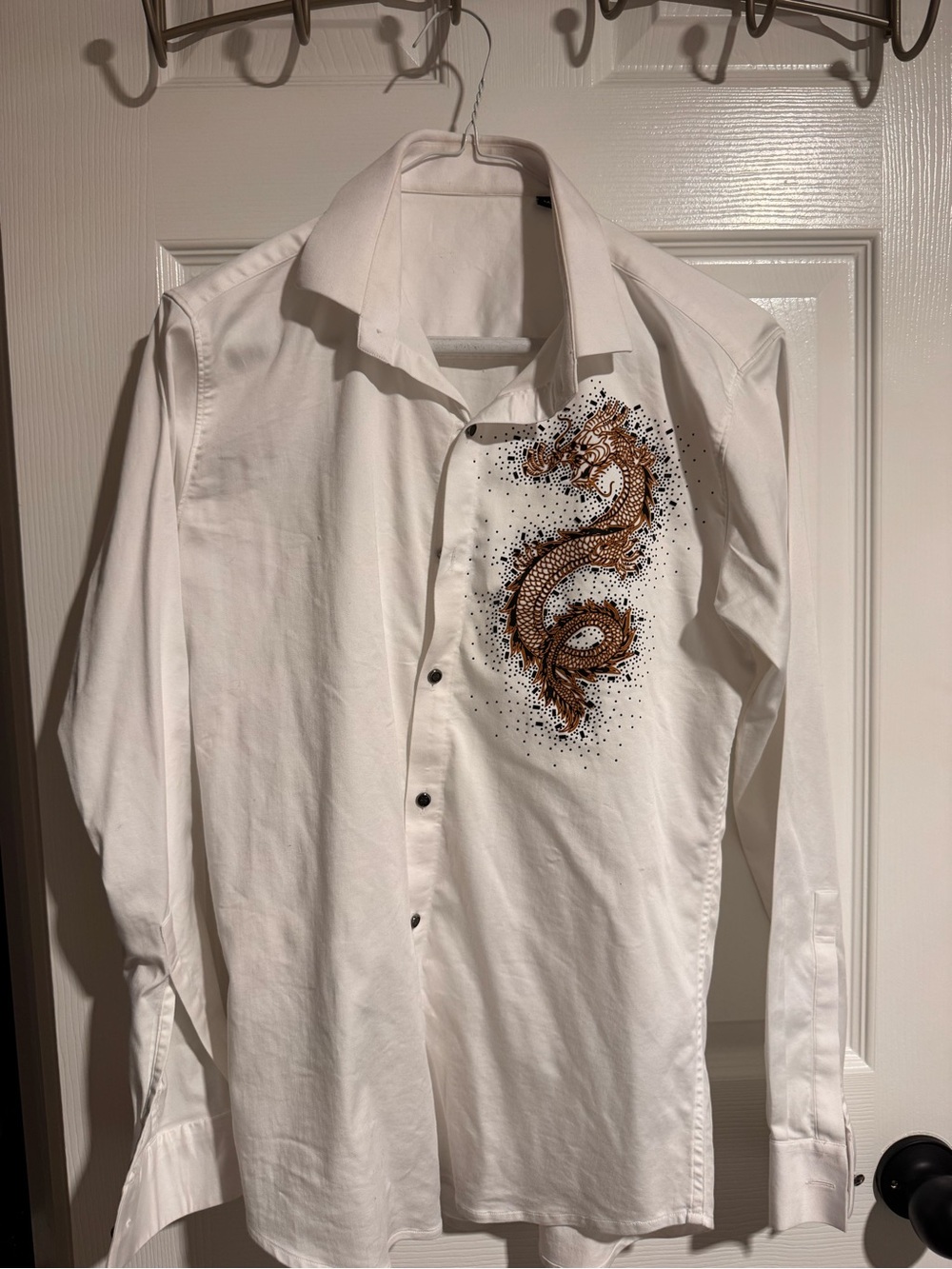 Ventti White Dress Shirt with Brown Dragon Embroidery